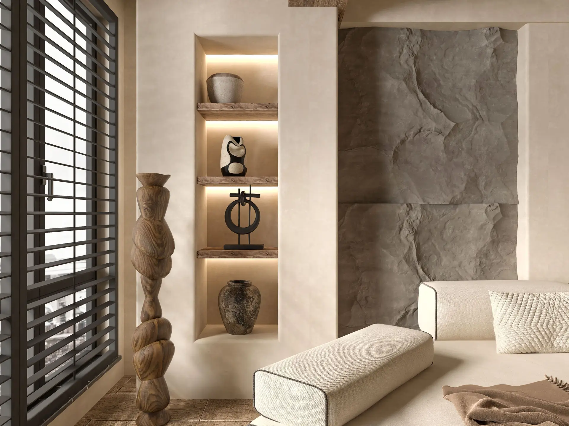 Warm ambient luminaire framing organic textured plaster walls