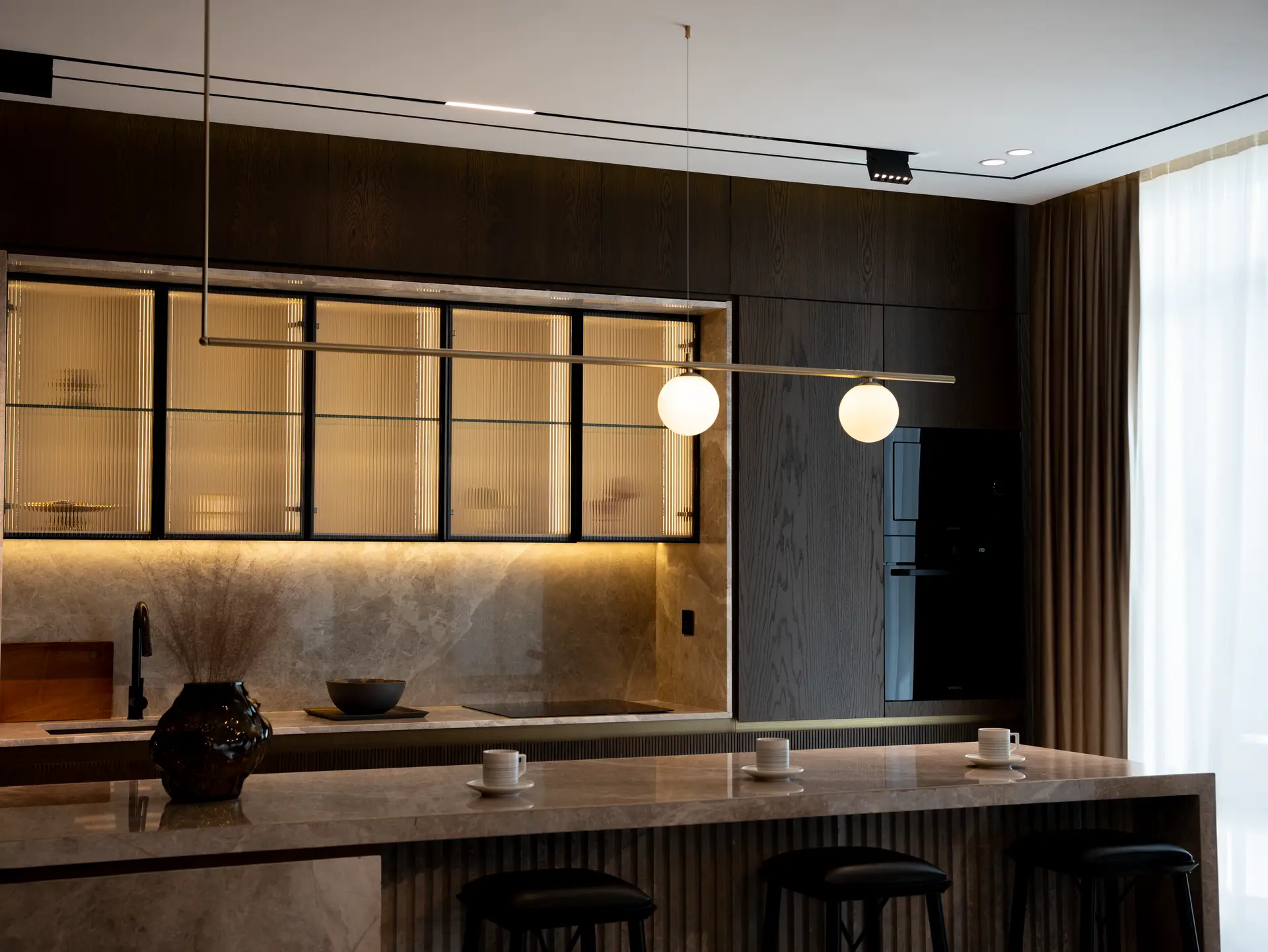 Architectural space bathed in warm, thoughtful illumination
