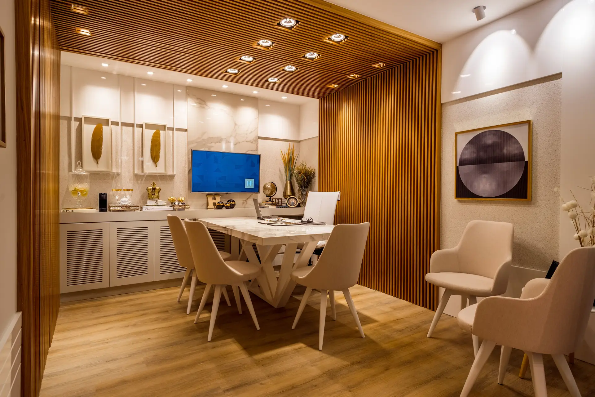 Atmospheric architectural dining room with warm lighting