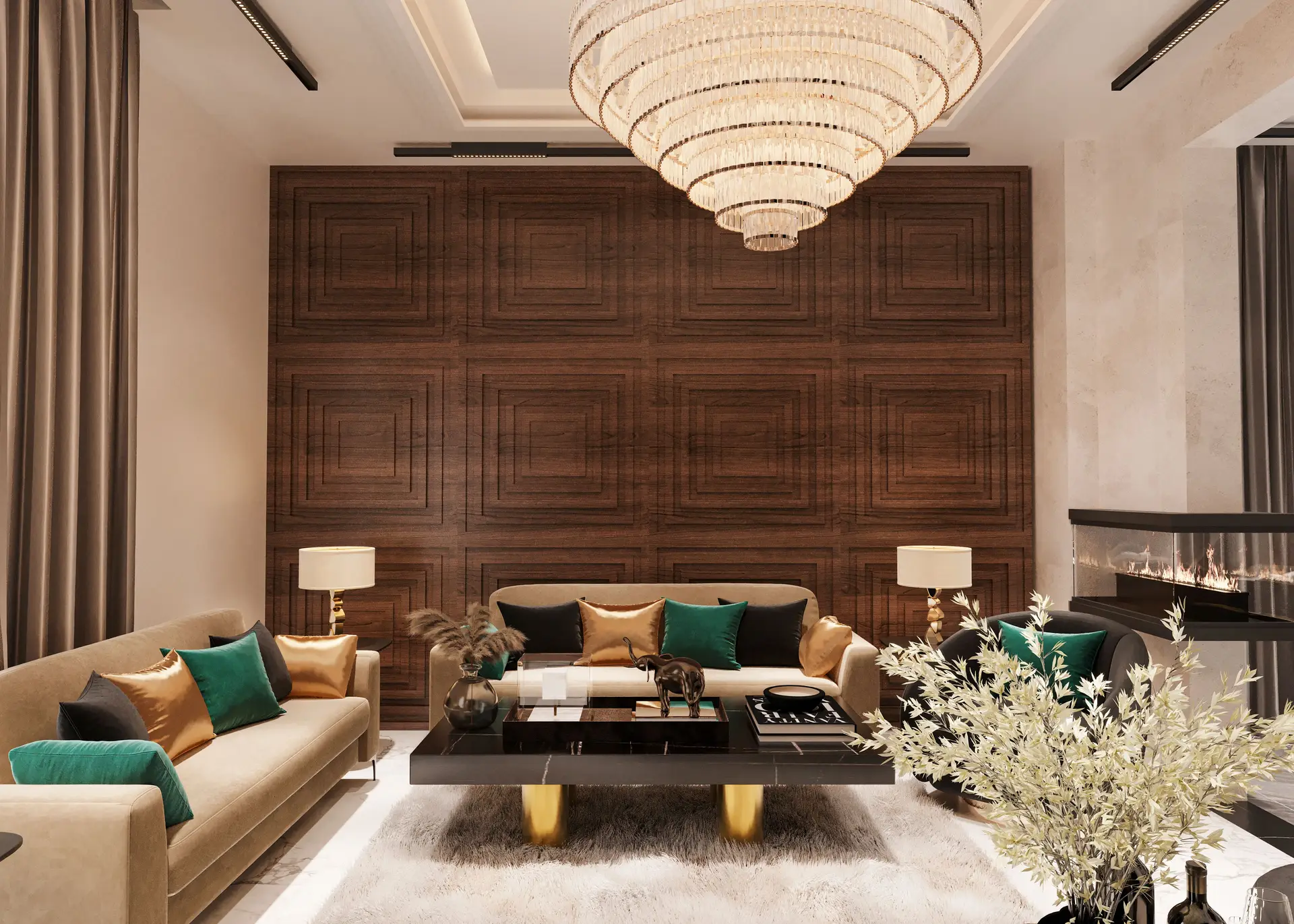 Atmospheric architectural living room illuminated at dusk
