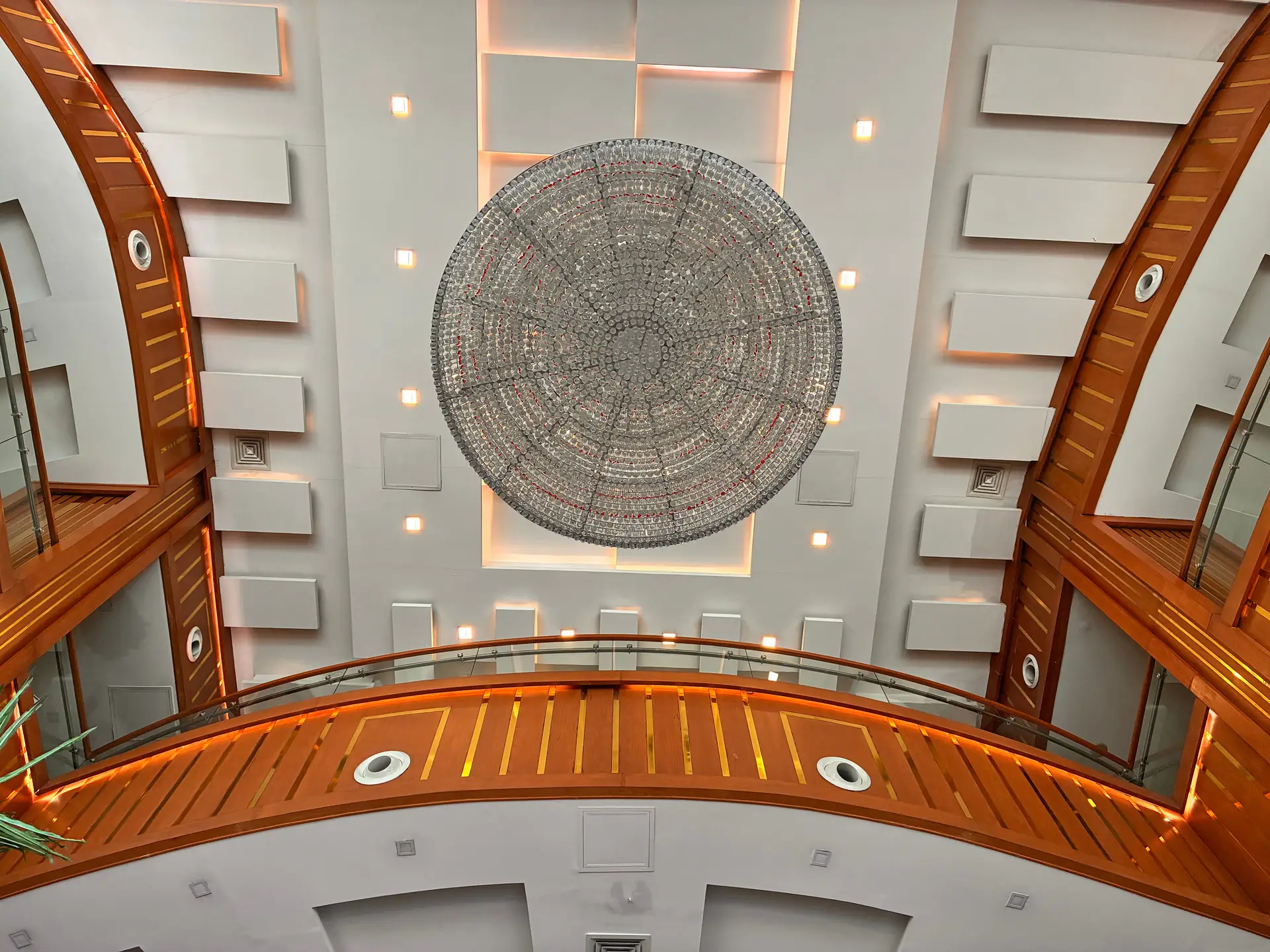 Architectural space with dramatic circular light installation